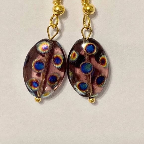 Murano Art Glass Oval Bead Earrings Czech Blue Circles Gold Plated HandMade - Picture 8 of 10